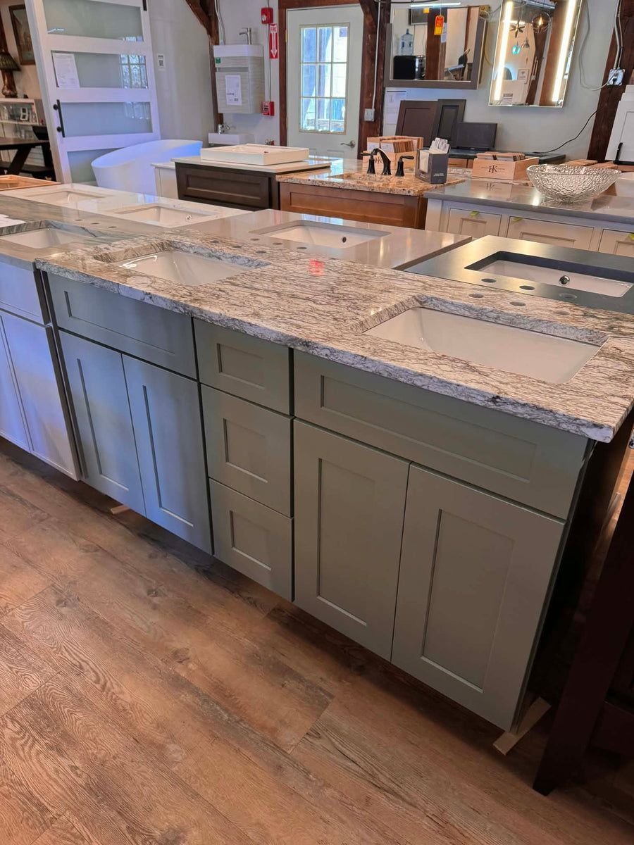 Bathroom idea with the Cab-Tec 60" Shaker Double Vanity, Moss Finish with Quartz Top, Solid, Showroom