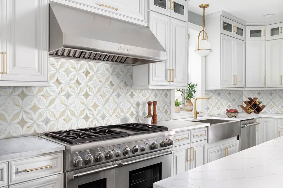 Tile idea with the MSI Athena Gold Estrella Polished Marble Mosaic Tile, Floor and Wall, MSI