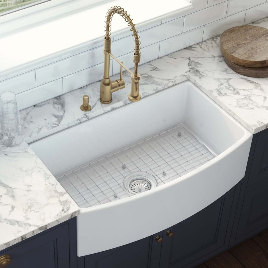 Kitchen idea with the Ruvati 33 inch Fireclay White Farmhouse Kitchen Sink Bow Front Curved, Ruvati