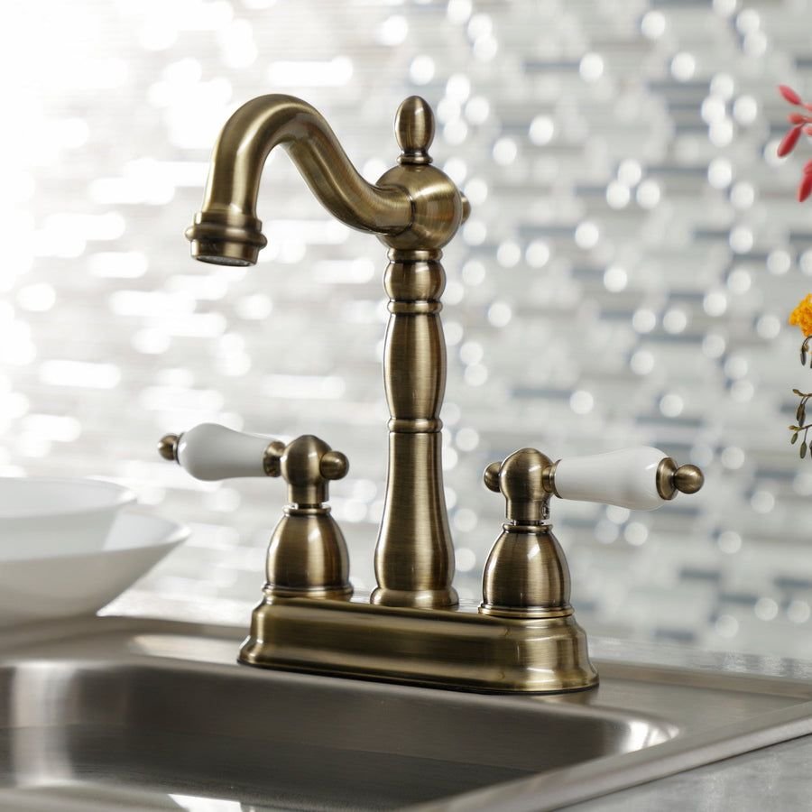 Kitchen idea with the Heritage KB1493PL Two-Handle 2-Hole Deck Mount Bar Faucet, Antique Bra, Kingston Brass
