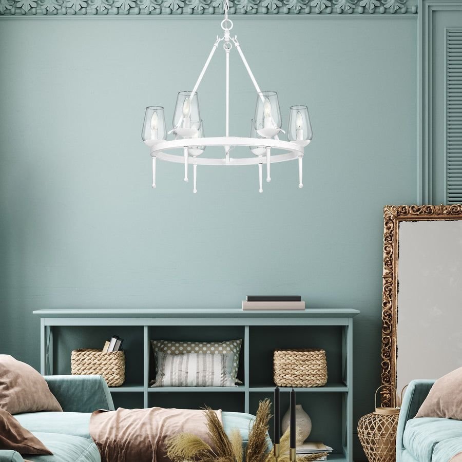 Living room idea with the Regent 6 Light Chandelier in Textured White Plaster with Clear Glass S, Golden Lighting