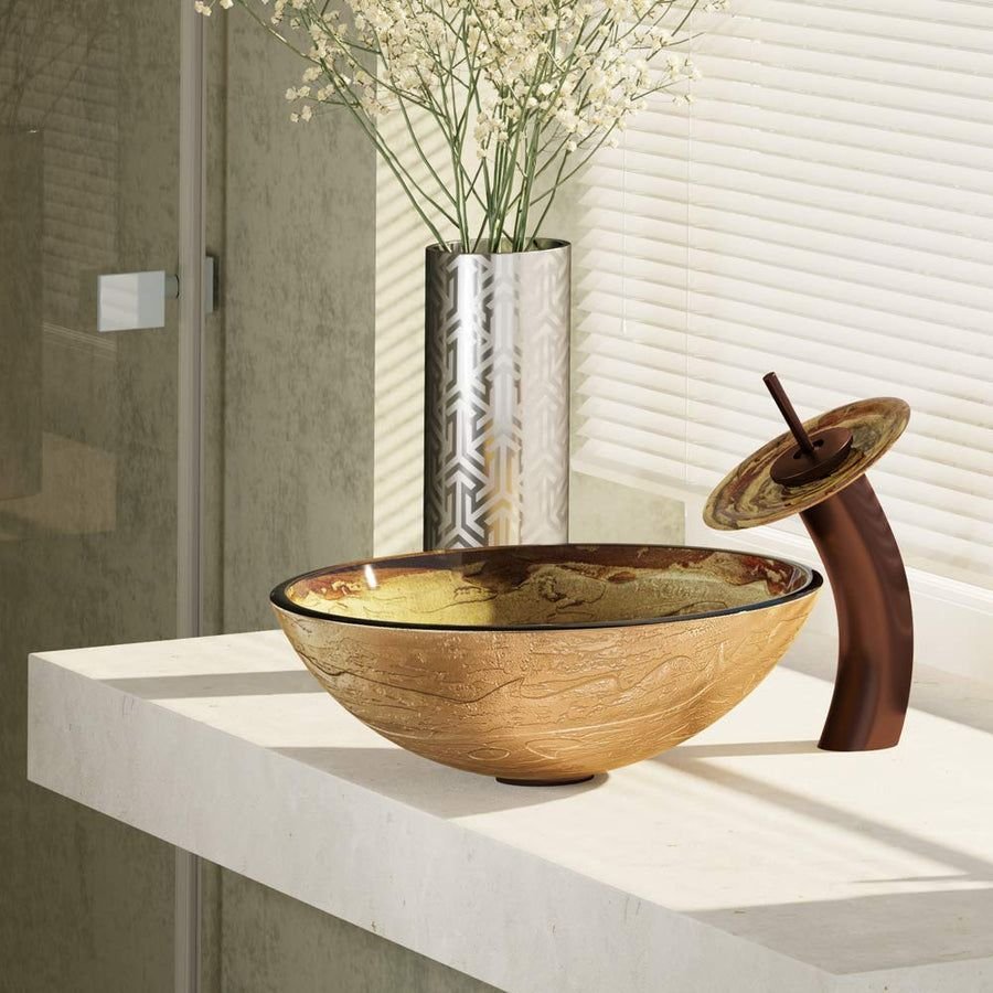 Bathroom idea with the R5-5029-WF-ORB Foil Undertone Glass Vessel Sink with Oil Rubbed Bronze, Rene