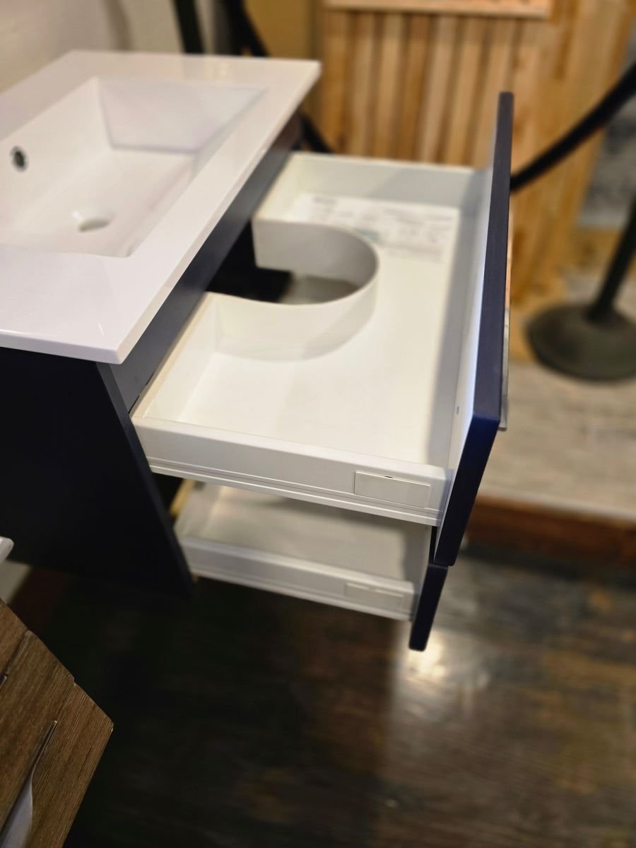 Bathroom idea with the 30" Cutler Wall-Mounted Vanity with Cultured Marble Top, Pfister Polis, Showroom