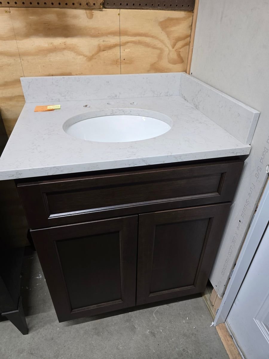 Bathroom idea with the 28" Dark Wood Corner Vanity with Custom Marble Top, Bertch