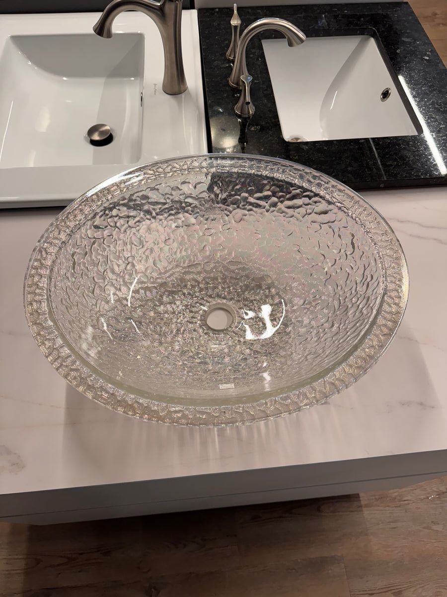Bathroom idea with the JSG Oceana Pebble Crystal Reflections Glass Drop‑In/Undermount Oval Si, JSG Oceana