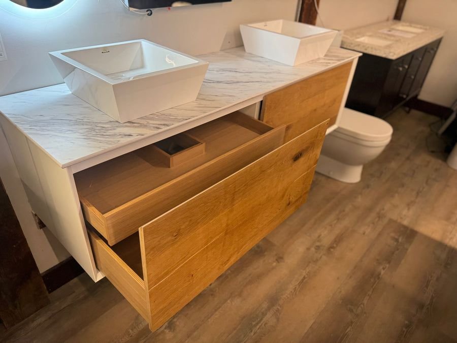 Bathroom idea with the 72" Modern Sleek Wall-Mount Vanity Set with White Vanity Top and Two S, Showroom