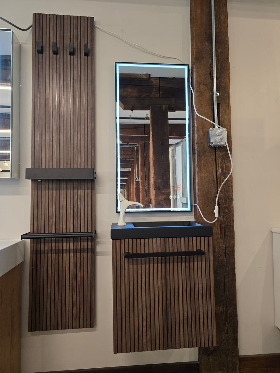 Bathroom idea with the 20" Rimini Floating Vanity Set  Maple Finish, Wall Panel + LED Mirror, Showroom