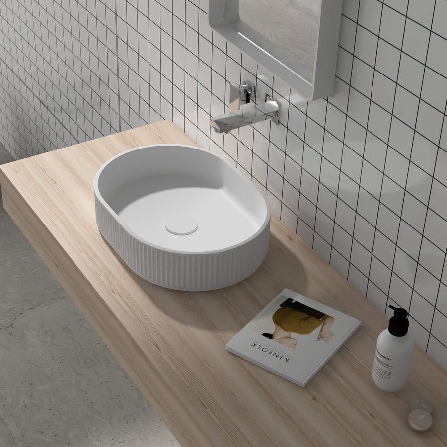 Bathroom idea with the Ruvati 19 x 14 inch Fluted Vessel Bathroom Sink epiStone Solid Surface, Ruvati