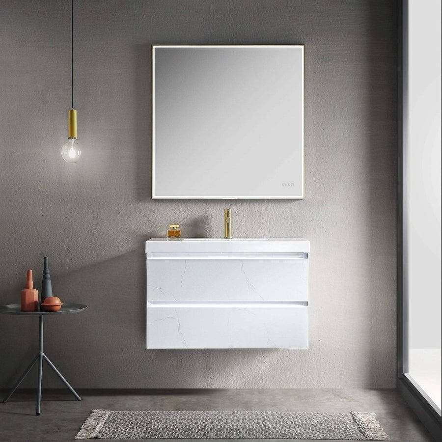 Bathroom idea with the Blossom Jena 36" 2-Drawer Calacatta White Wall-Mounted Vanity Set With, Blossom