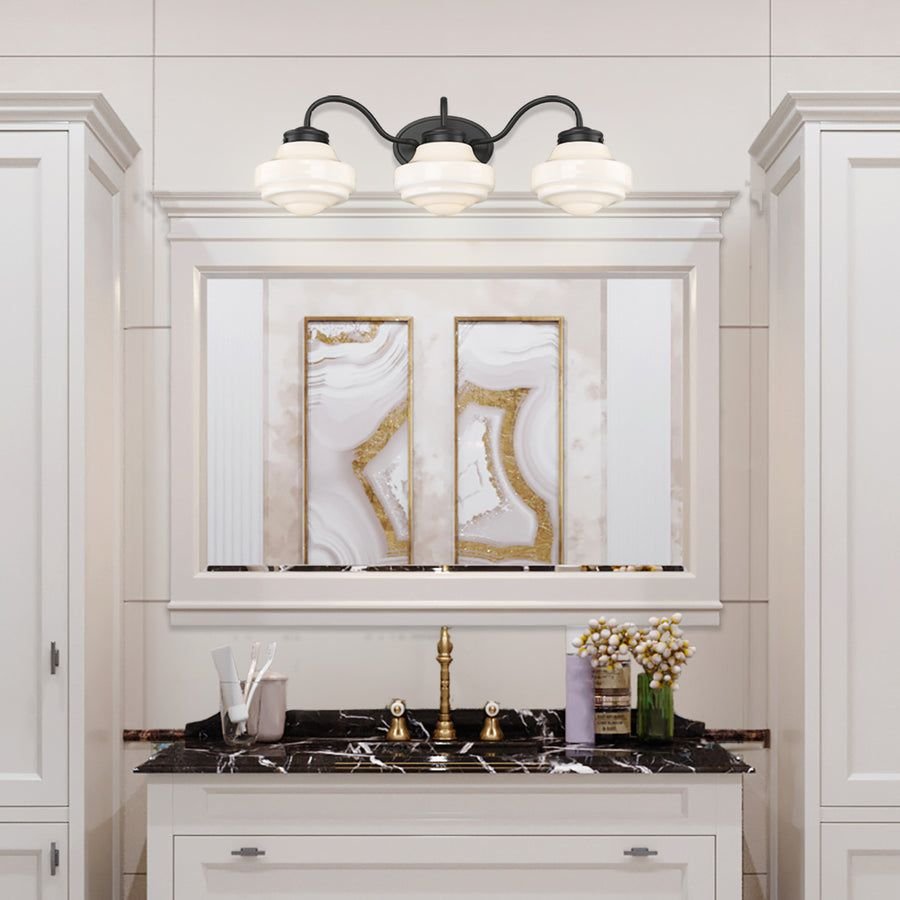 Bathroom idea with the Ingalls Matte Black 3 Light Bath Vanity, Golden Lighting