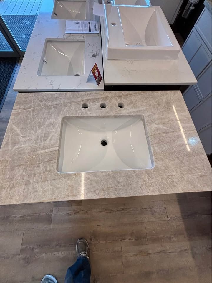 Bathroom idea with the 36” Oslo Oak Vanity w/ Taj Mahal Top, Showroom
