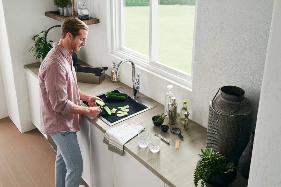 Kitchen idea with the Ruvati 17 x 11 inch LedgeFit Black Resin Replacement Cutting Board for, Ruvati