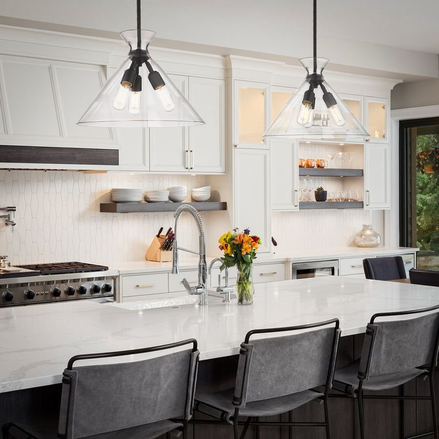 Kitchen idea with the Malta 3 Light Pendant in Matte Black & Clear Glass, Golden Lighting
