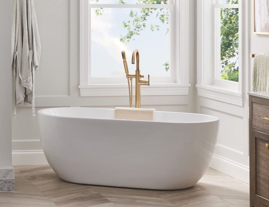 Bathroom idea with the Contemporary Floor Mount Tub Filler Trim Kit with Handshower, Gerber