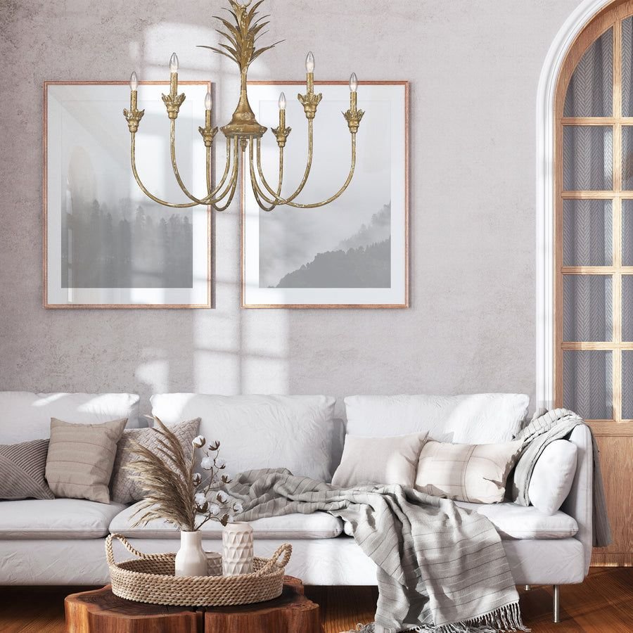 Living room idea with the Lillianne HG 6 Light Chandelier in Heirloom Gold, Golden Lighting
