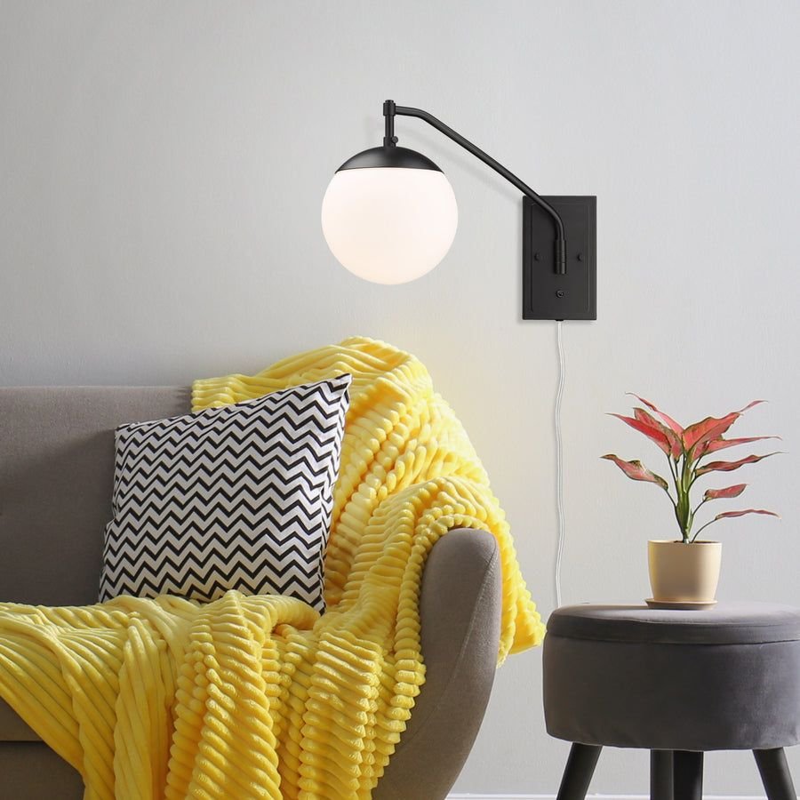 Bathroom idea with the Glenn BLK 1 Light Articulating Wall Sconce in Matte Black with Opal Gl, Golden Lighting