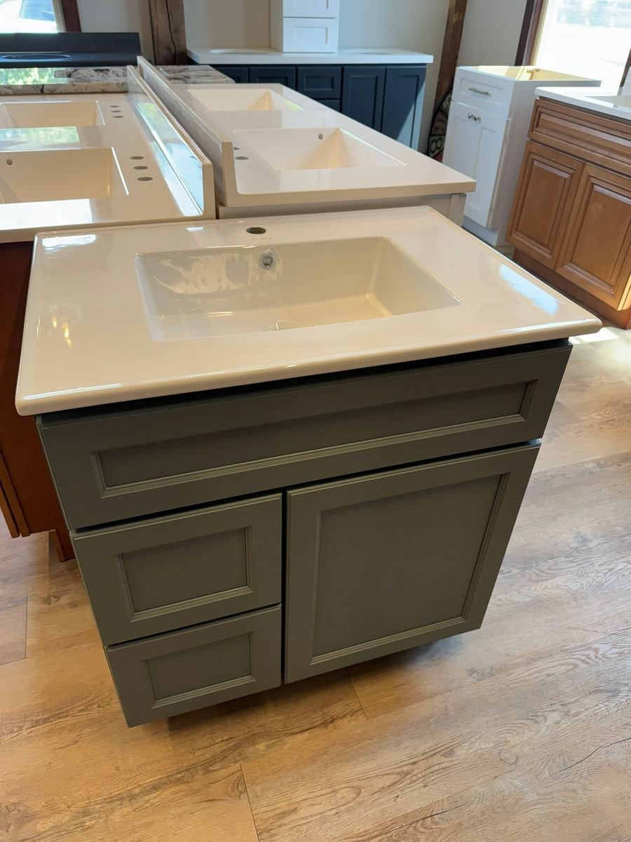 Bathroom idea with the 31" Sage Green J&K Cabinetry Vanity with Swiss Madison Ceramic Vanity, PoshHaus