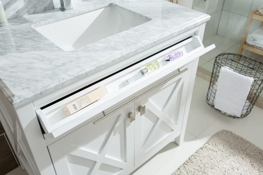 Bathroom idea with the Wimbledon 36" White Bathroom Vanity with Black Wood Marble Countertop, Laviva