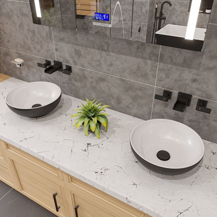 Bathroom idea with the ALFI brand ABC906 Black & White 15" Round Vessel Above Mount Ceramic S, ALFI