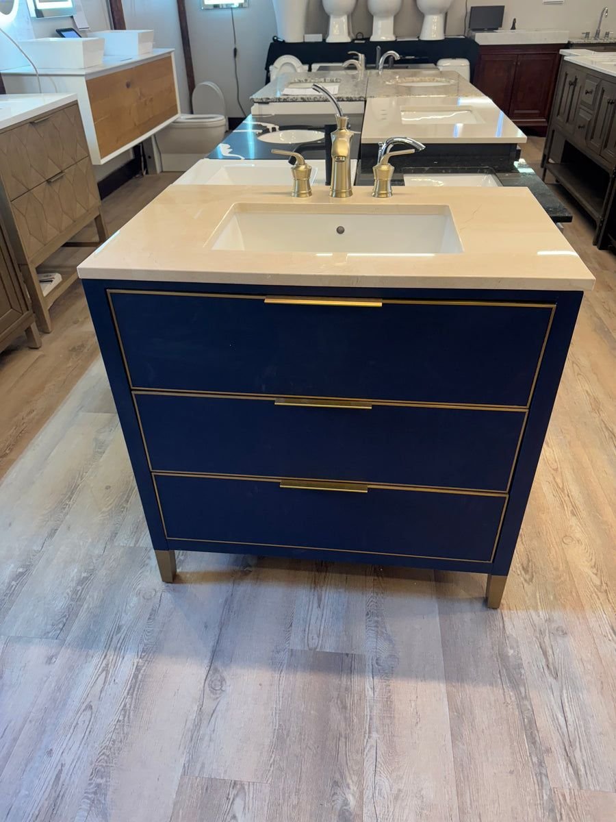 Bathroom idea with the 36" Navy Vanity Set with Tan Marble Vanity Top with Brass Widespread F, Showroom