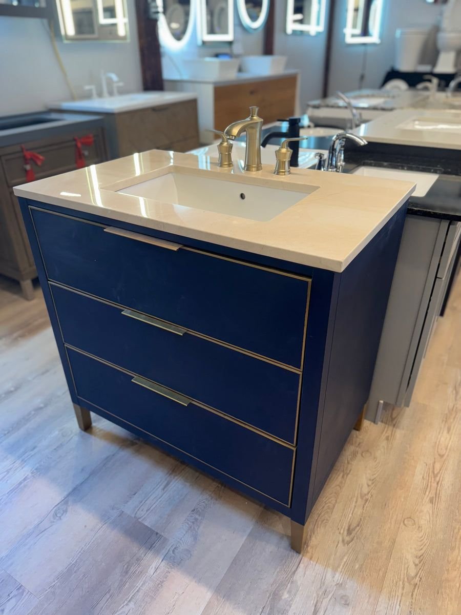 Bathroom idea with the 36" Navy Vanity Set with Tan Marble Vanity Top with Brass Widespread F, Showroom