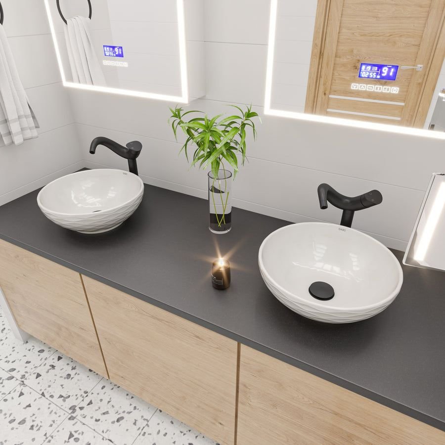 Bathroom idea with the ALFI brand ABC909 White 17" Decorative Round Vessel Above Mount Cerami, ALFI