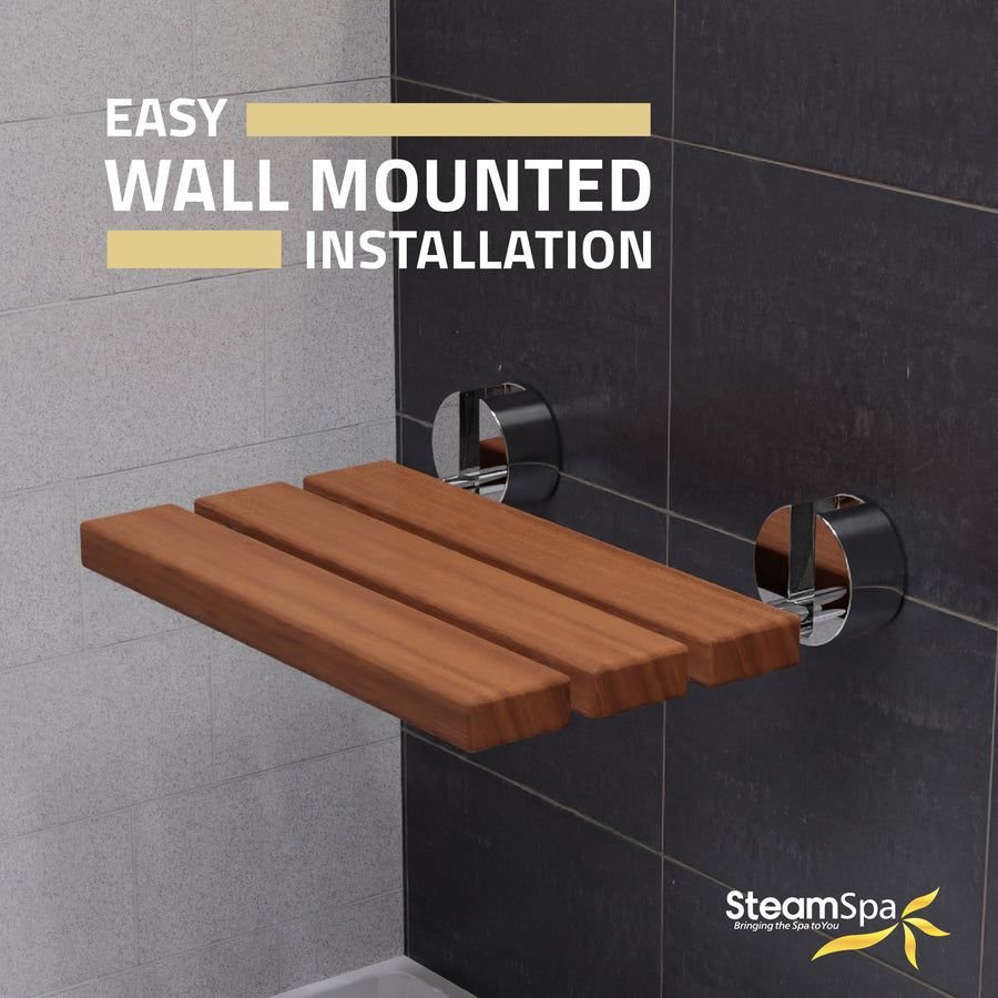 Bathroom idea with the Leisure 20 in. Teak Wall Mounted Folding Shower Seat D-7-CH, SteamSpa