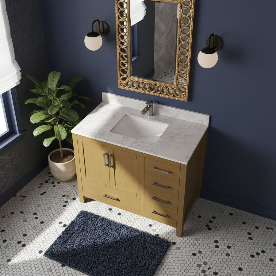 Bathroom idea with the New England Home Goods 42" Modern Quartz Top Natural Wood Vanity, New England Home Goods