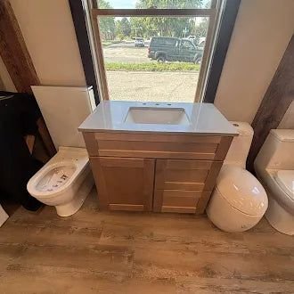 Bathroom idea with the 36" Cabtec Salted Caramel Vanity with Gray Fairmont Countertop, Showroom