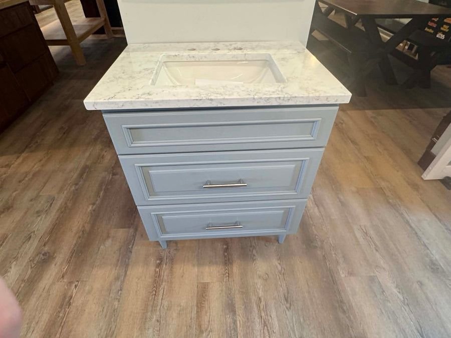 Bathroom idea with the 30" Bertch Vanity Set with Marble Top and Matching Mirror, Showroom