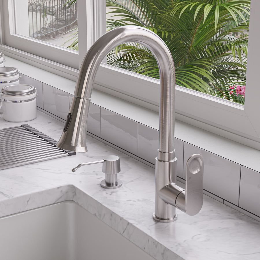 Kitchen idea with the Brushed Nickel Gooseneck Pull Down Kitchen Faucet, ALFI