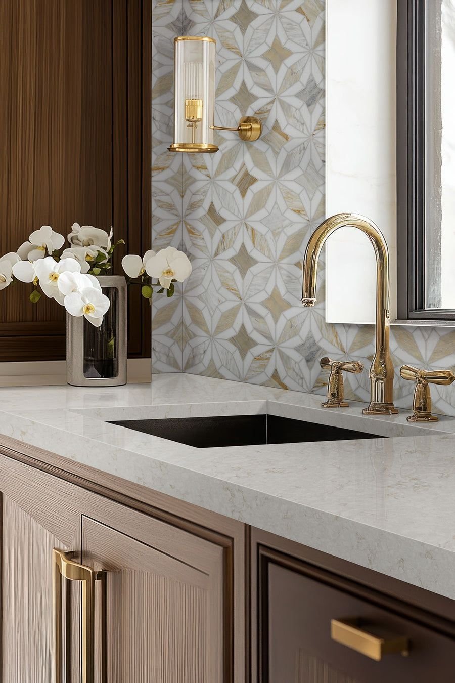 Tile idea with the MSI Athena Gold Estrella Polished Marble Mosaic Tile, Floor and Wall, MSI