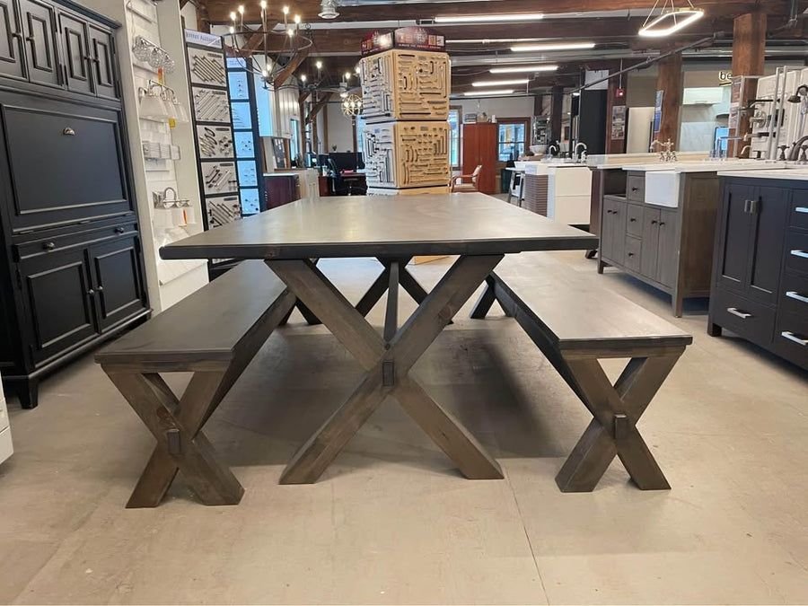 Kitchen idea with the Mountain View Woodworking 96" x 44" FarmHouse Trestle Table w/Benches, Mountain View Woodworking