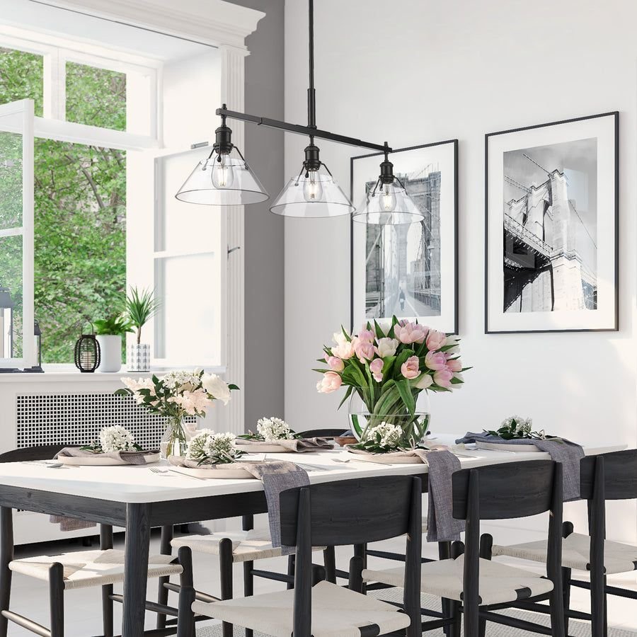 Living room idea with the Orwell BLK Linear Pendant in Matte Black with Clear Glass Shade, Golden Lighting