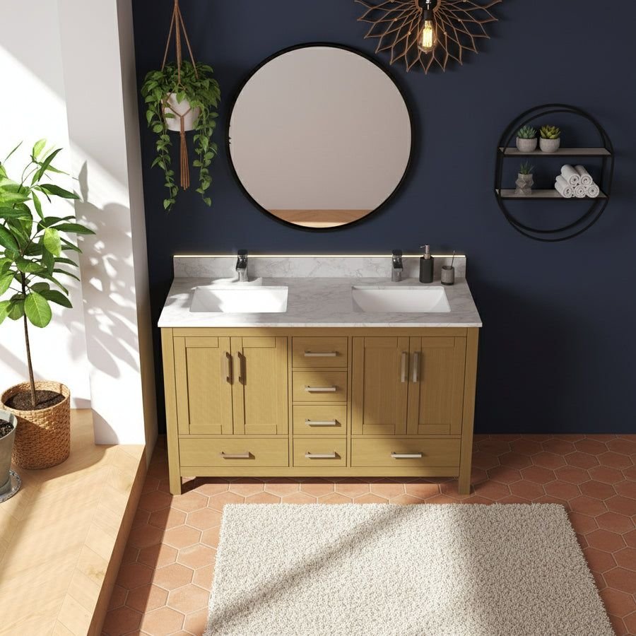 Bathroom idea with the New England Home Goods 55" Natural Wood Double Sink Vanity with Quartz, New England Home Goods