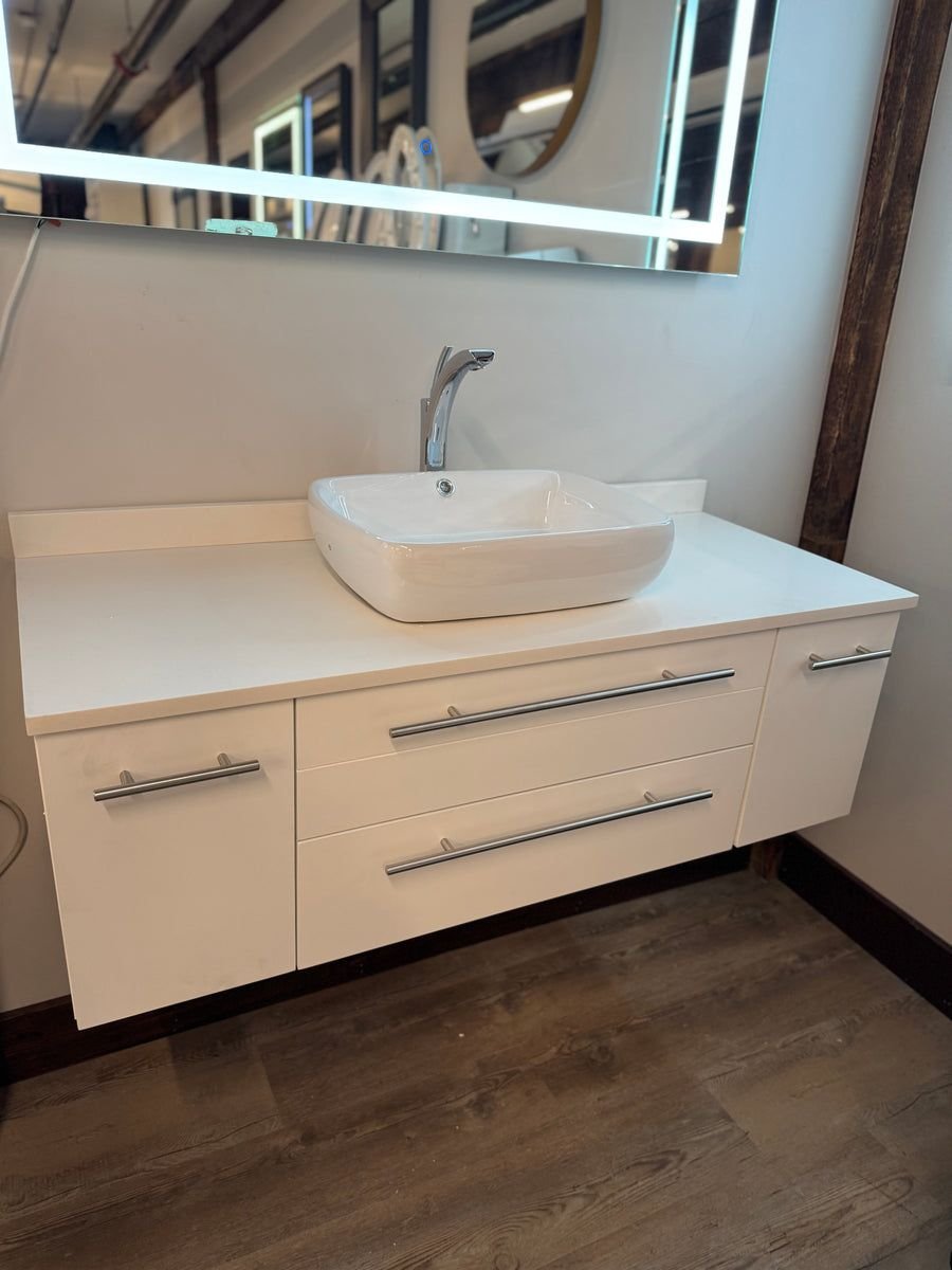 Bathroom idea with the 48" Floating White Vanity Set with Quartz Top, Ceramic Vessel Sink, an, Showroom