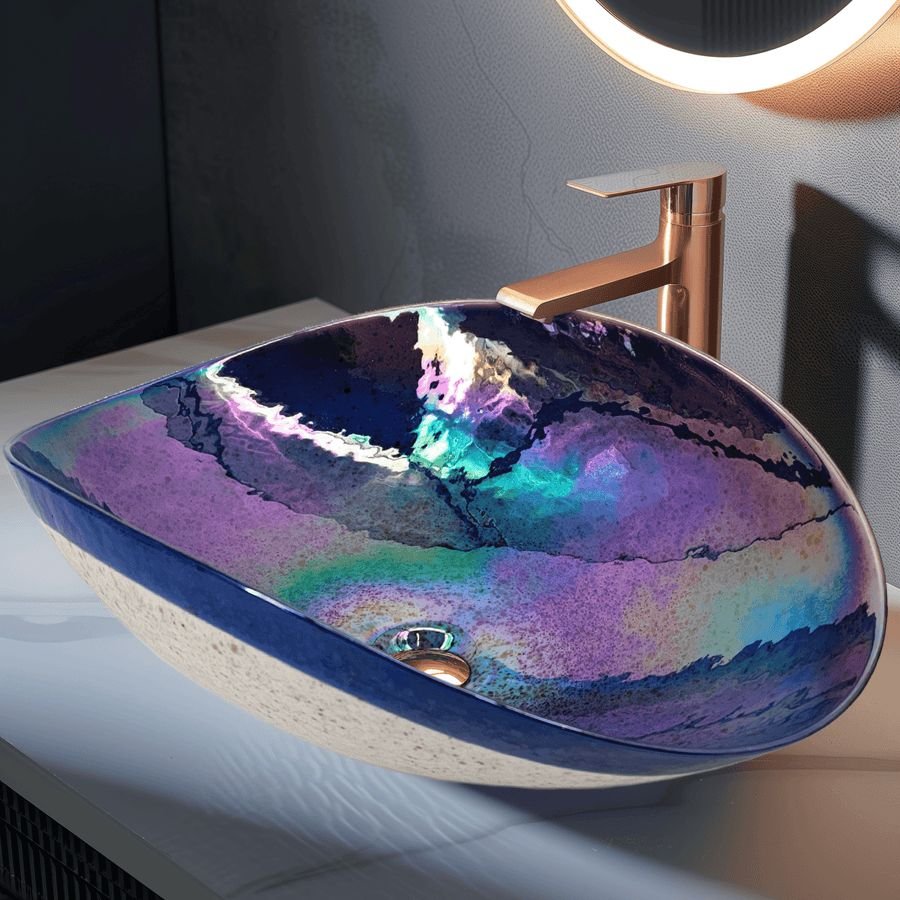 Bathroom idea with the Ruvati 19 inch Murano Glass Art Vessel Seashell Decorative Pattern Bat, Ruvati