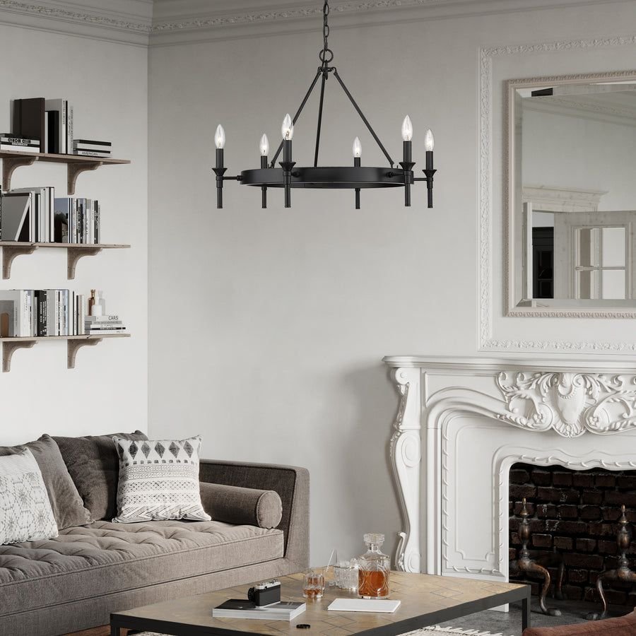Living room idea with the Edinburgh 6 Light Chandelier in Matte Black, Golden Lighting