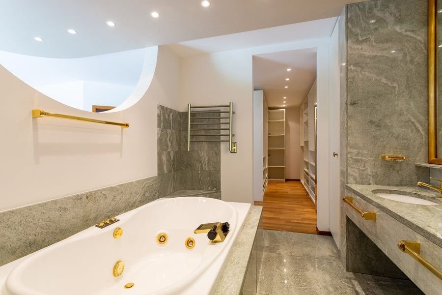 Bathroom idea with the Amba Products RWHS-SPG Radiant 7-Bar Small Hardwired + Plug-in Combo T, Amba Towel Warmers