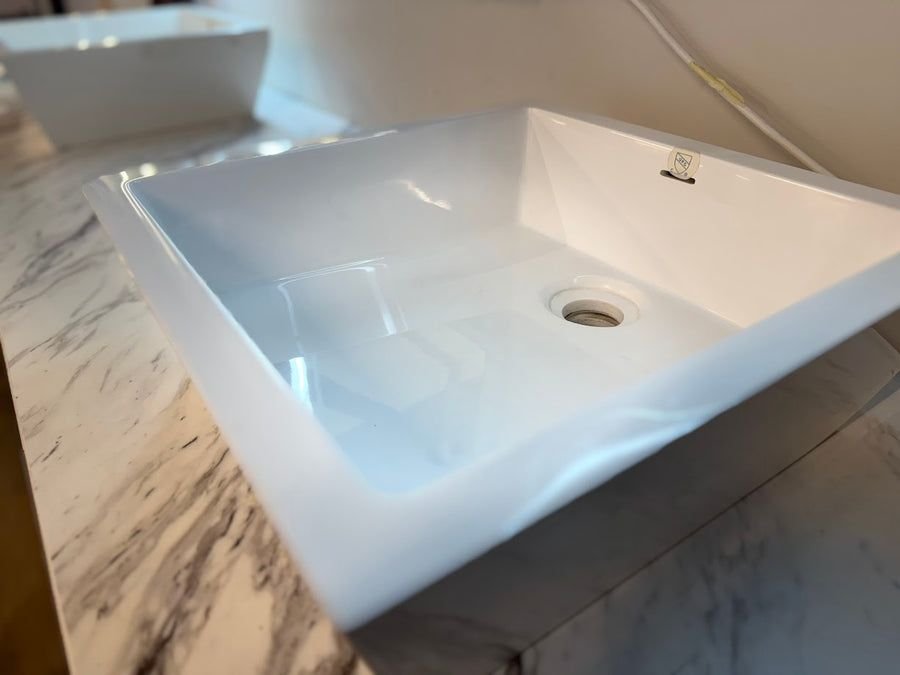 Bathroom idea with the 72" Modern Sleek Wall-Mount Vanity Set with White Vanity Top and Two S, Showroom