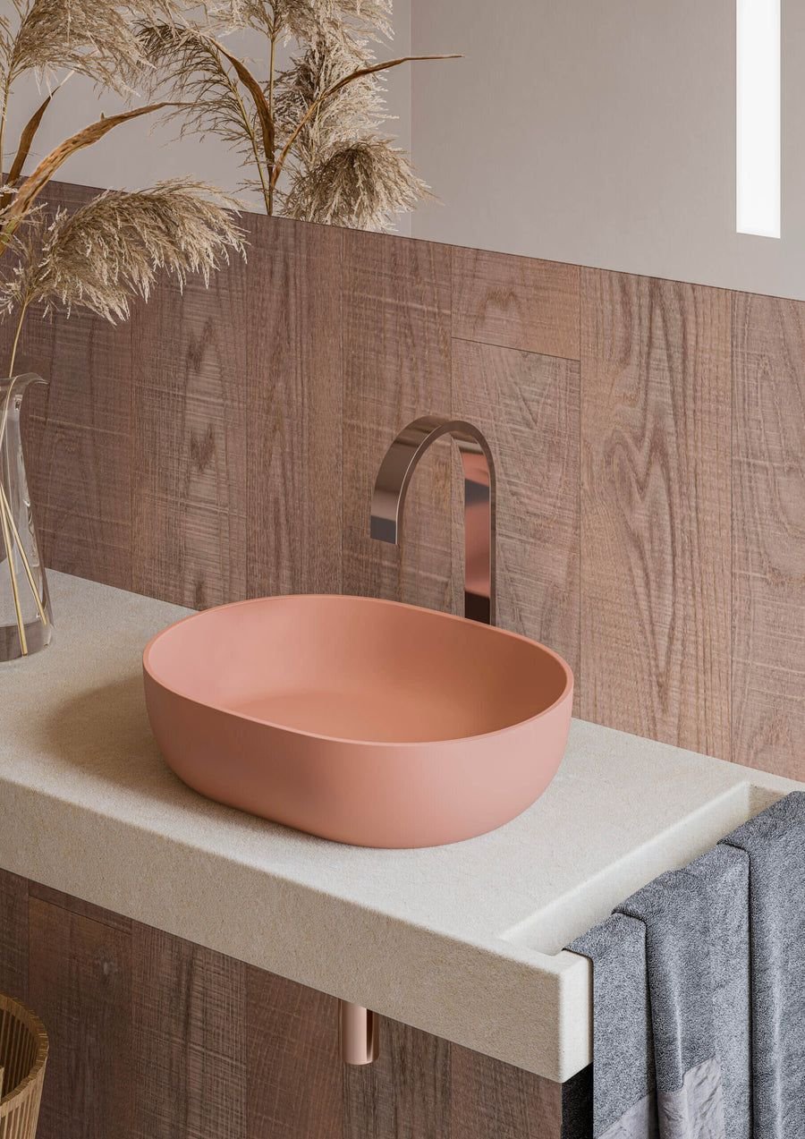 Bathroom idea with the Ruvati 19-inch Sedona Clay Pink epiStone Solid Surface Bathroom Vessel, Ruvati