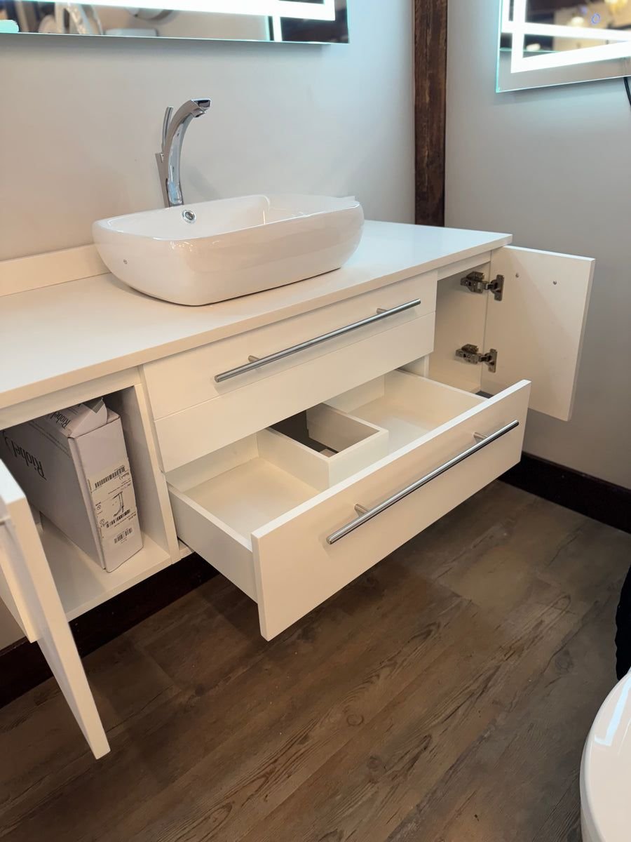 Bathroom idea with the 48" Floating White Vanity Set with Quartz Top, Ceramic Vessel Sink, an, Showroom