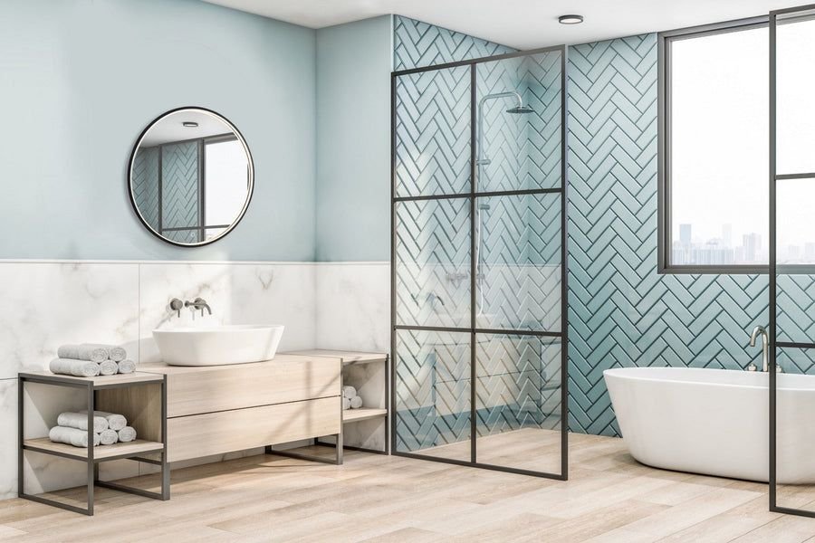 Bathroom idea with the Reflections Round LED Wall Mirror, Artcraft