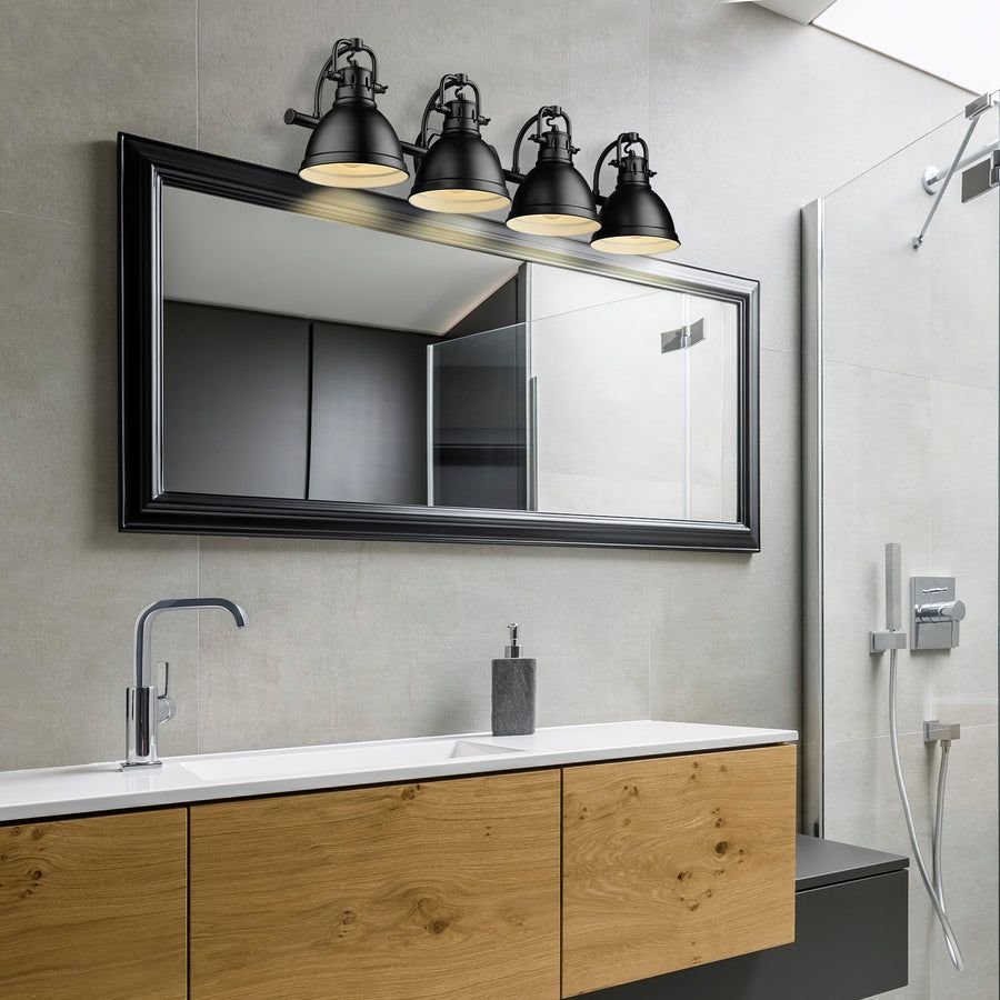 Bathroom idea with the Duncan BLK 4 Light Bath Vanity in Matte Black with Matte Black Shade, Golden Lighting
