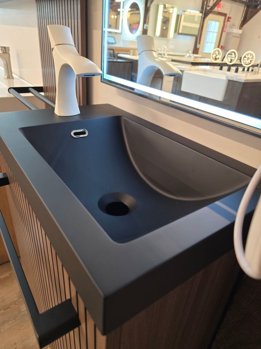 Bathroom idea with the 20" Rimini Floating Vanity Set Maple Finish, Wall Panel + LED Mirror, Showroom