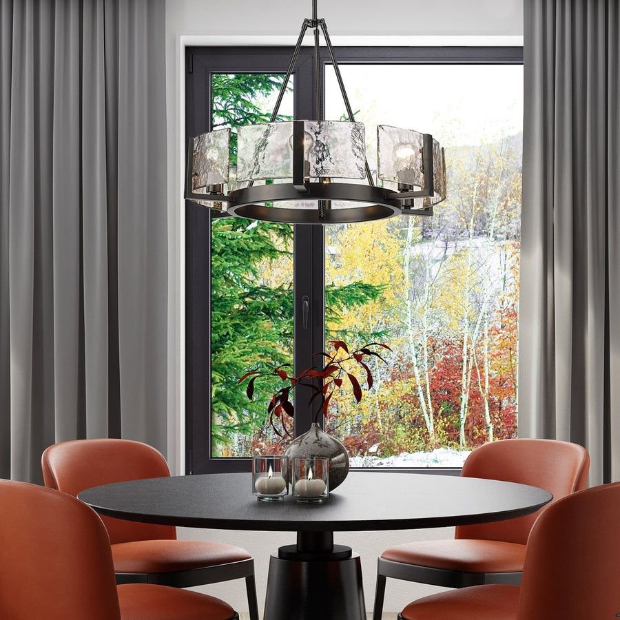 Living room idea with the Aenon 6-Light Chandelier in Matte Black with Hammered Water Glass Shad, Golden Lighting