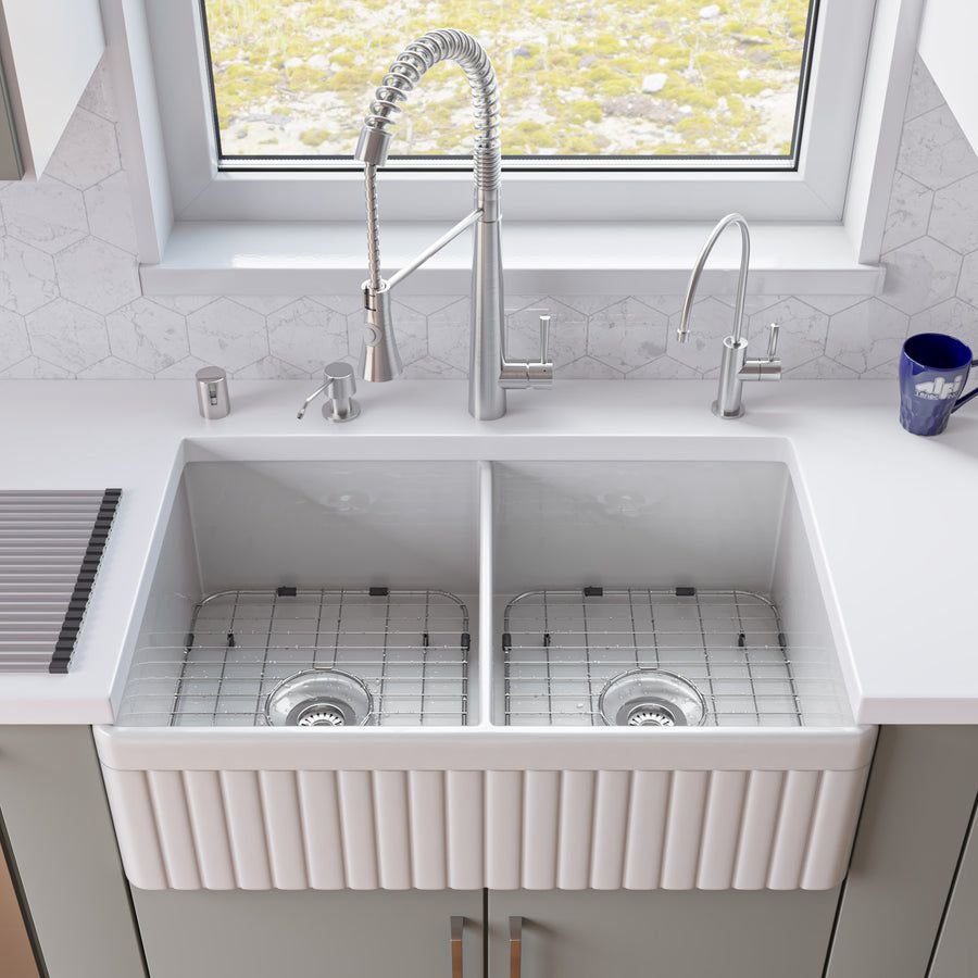Kitchen idea with the ALFI brand AB537-W White 32" Fluted Apron Double Bowl Fireclay Farmhou, ALFI