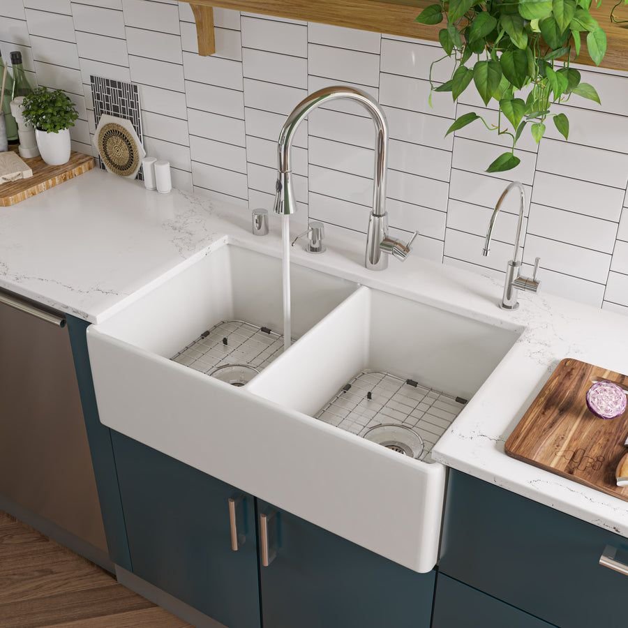 Kitchen idea with the ALFI brand AB538-W White 32" Smooth Apron Double Bowl Fireclay Farmhou, ALFI