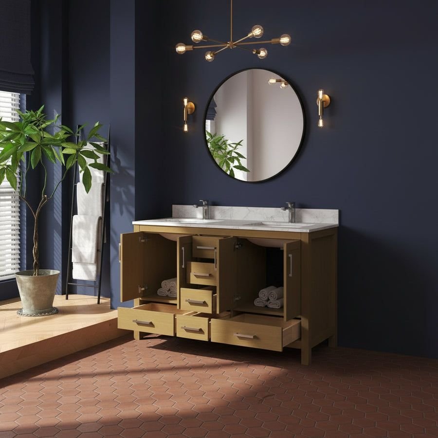Bathroom idea with the New England Home Goods 55" Natural Wood Double Sink Vanity with Quartz, New England Home Goods