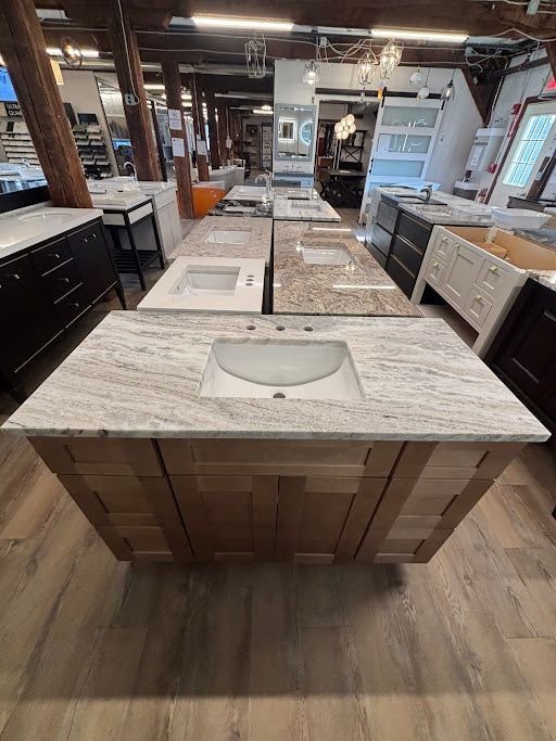 Bathroom idea with the 50” Shaker Carmel Cab-Tec Vanity w/ Fantasy Brown Marble Top 3CM, Showroom
